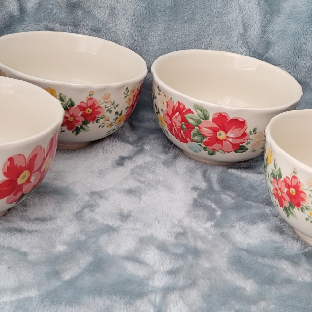 The Pioneer Woman Cream Ceramic Bowls with Red Floral Pattern (Set of 4)